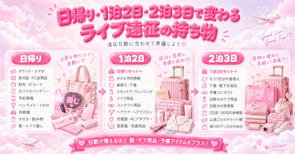 日帰り・1泊2日・2泊3日で変わるライブ遠征の持ち物