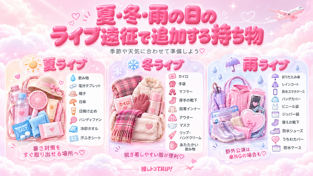 夏・冬・雨の日のライブ遠征で追加する持ち物