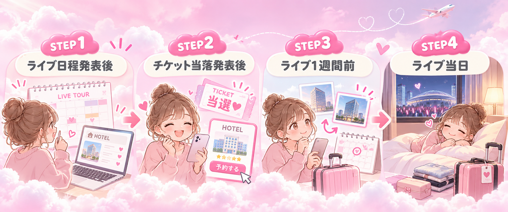ライブ発表から遠征当日までのホテル準備の流れ