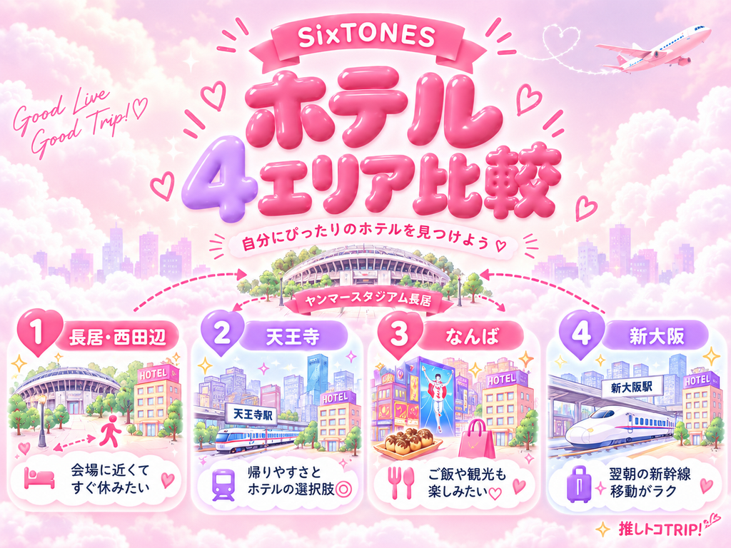 SixTONESヤンマースタジアム長居公演のホテルはどこがいい？4エリアを比較